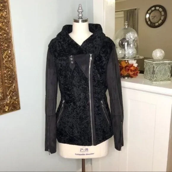Vince Camuto Black Faux Shearling Moto Winter Coat Medium New